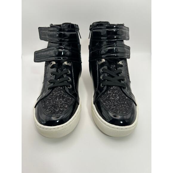 Aldo Brie Sneaker Lace up and Velcro Black with Black Glitter Size 8 - Picture 1 of 12
